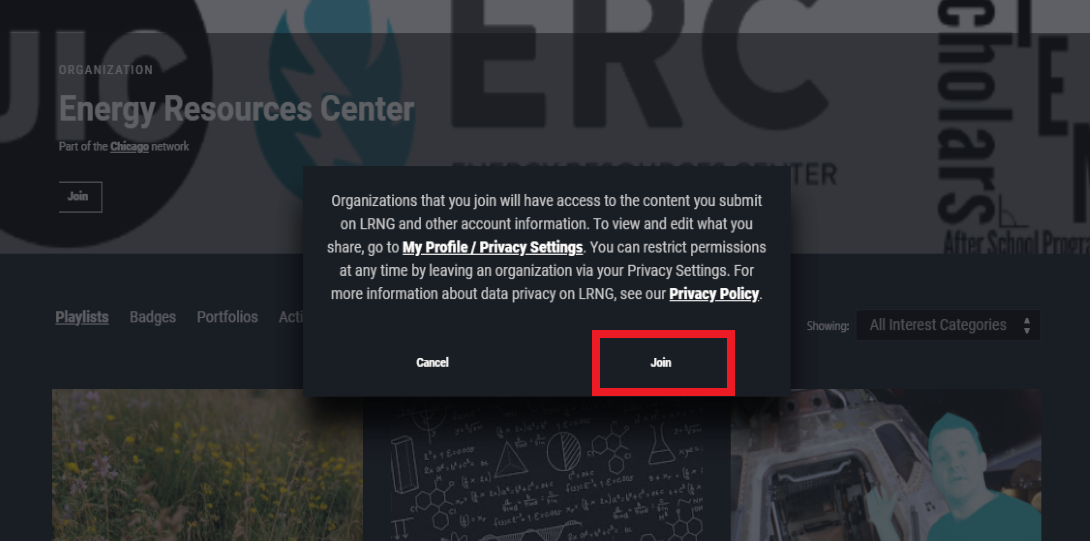 Step 4: Click on the Join button to be part of the Energy Recourses Center.