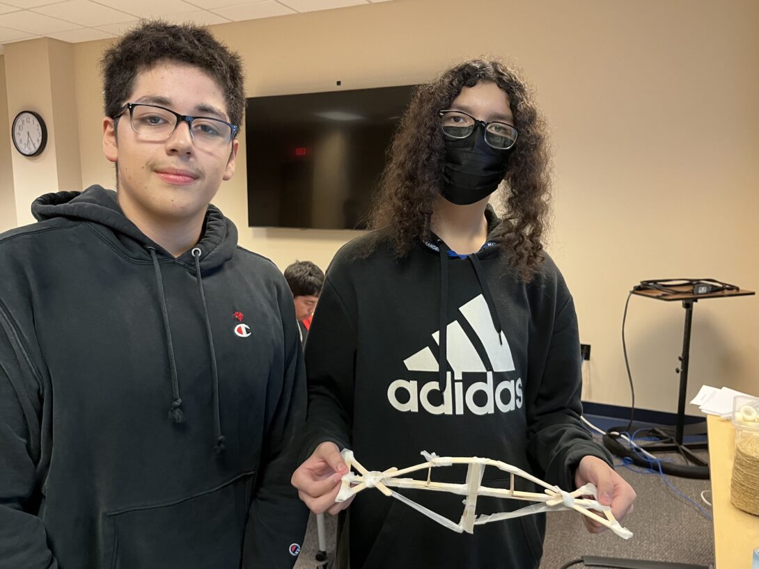 Christian R. (left) and Jose G. (right) worked together to design their strong bridge inspired by the Forth Bridge in Scotland.