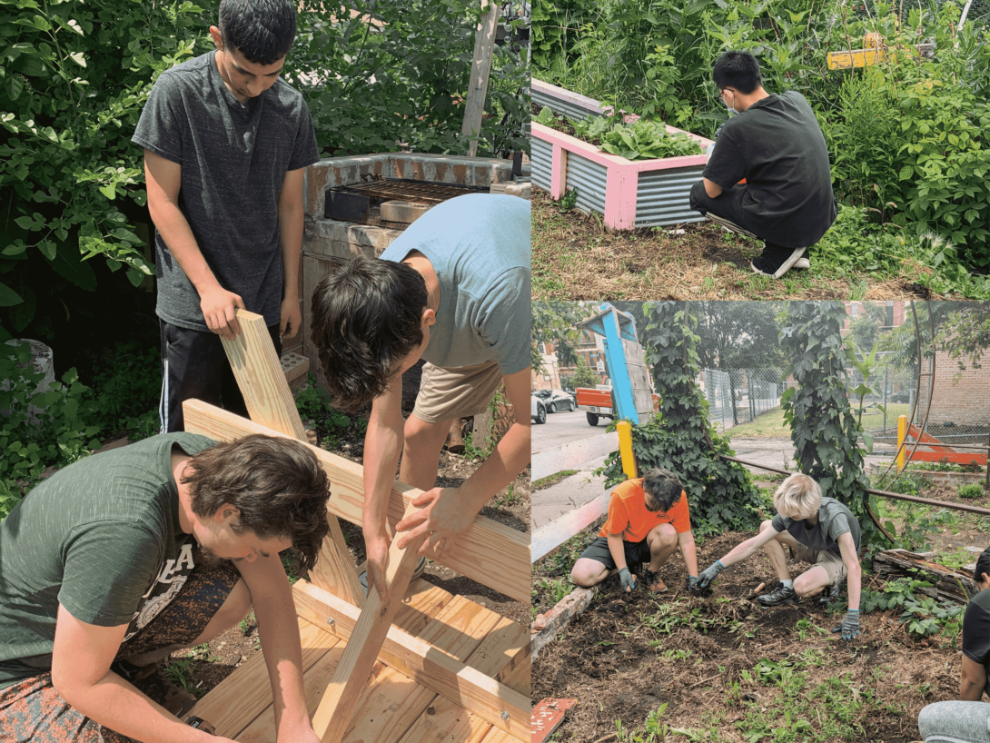 Various images of students working at La Huerta Roots and Rays Community Garden.