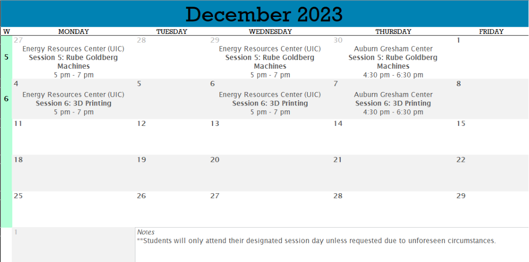 December 2023 Session Calendar