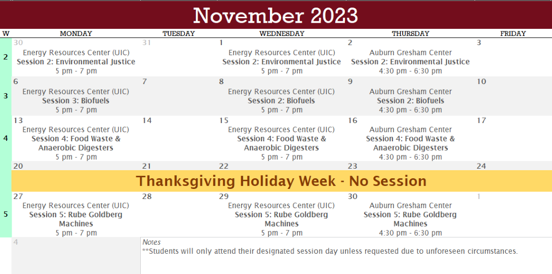 November 2023 Session Calendar