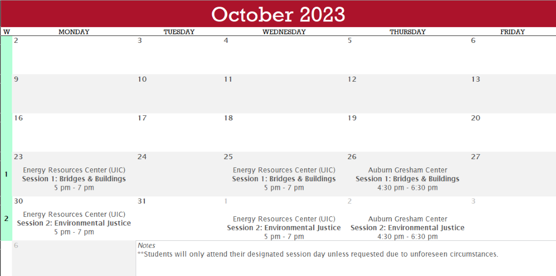 October 2023 Session Calendar